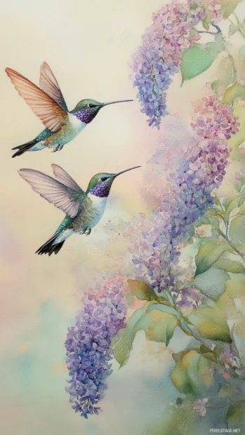 Hummingbirds painted in soft pastels hovering above watercolor lilac bushes.