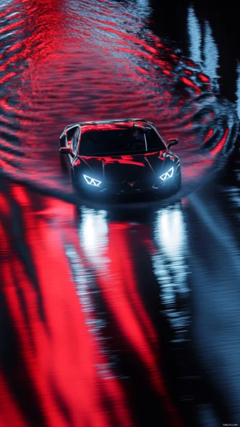 Huracan driving through reflective water in a long exposure night scene.