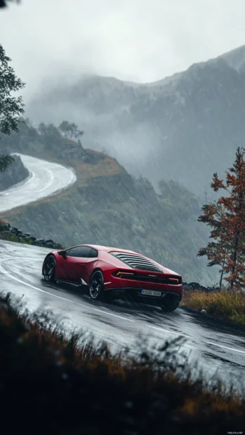 Huracan in mid turn on a mountain switchback with mist in the background.