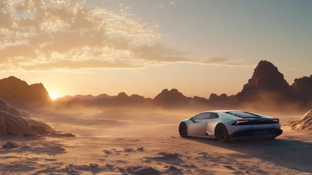 Huracan parked in the desert at dawn with light rays hitting its curves.