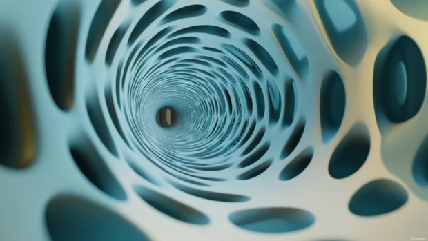 Hypnotic loop of floating shapes forming an infinite spiral in a reflective cool trippy world.