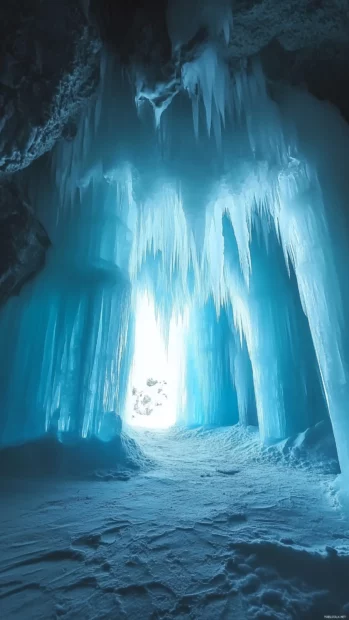 Ice cave sparkling, shimmering blue tones, intricate crystal formations, soft light.