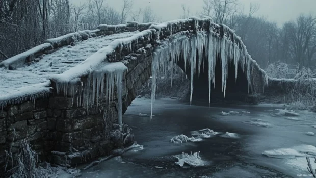 Ice covered bridge over a frozen creek.