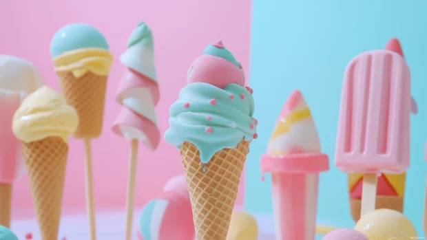 Ice cream cones and popsicles in pastel shades, playful and cute, designed as summer desktop wallpaper HD.