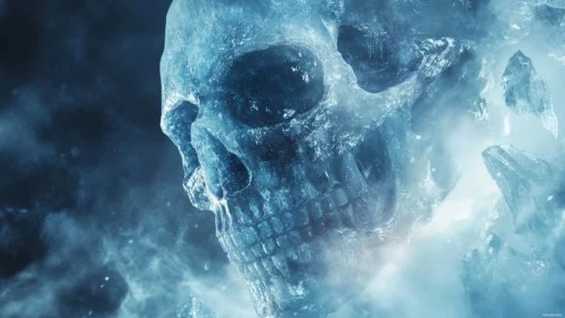 Ice skull emerging from frozen mist and crystal edges.