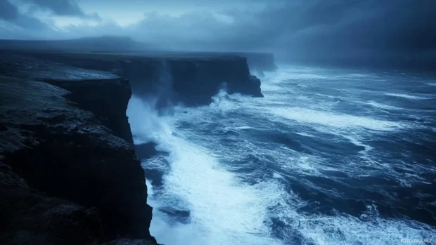 Iceland volcanic cliffs over dramatic ocean waves, rated among the best natural landscape PC Wallpapers.