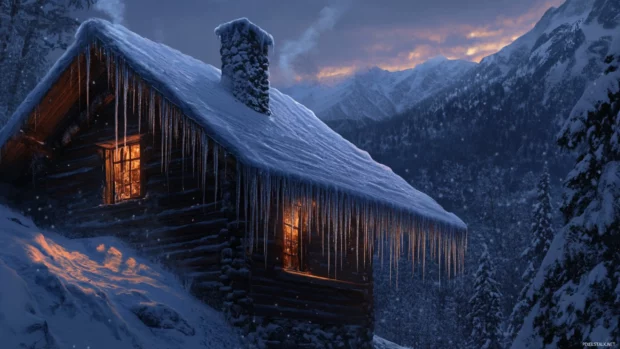 Icicles forming on a mountain cabin roof.
