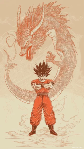 Iconic Goku Wallpapers showing Goku crossing arms in front of a massive dragon outline.