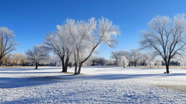 Icy trees sparkling under the winter sun.