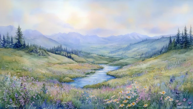 Idyllic Pastel Watercolor Valley Dotted With Wildflowers And Rol.