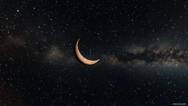 Illuminated by thousands of twinkling stars, an expansive dark sky features a large crescent moon glowing softly, surrounded by faint clouds.