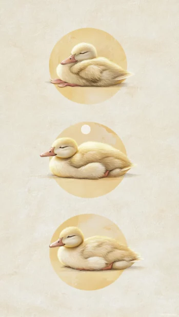 Illustrated Aesthetic Duck Wallpapers with sleeping ducks in circles of light on a creamy canvas.