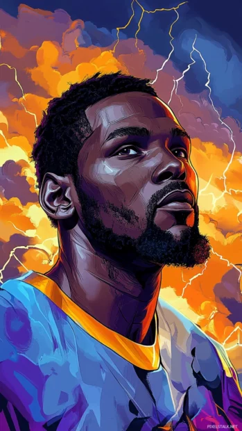 Illustrated Kevin Durant with thunderclouds crackling behind him.