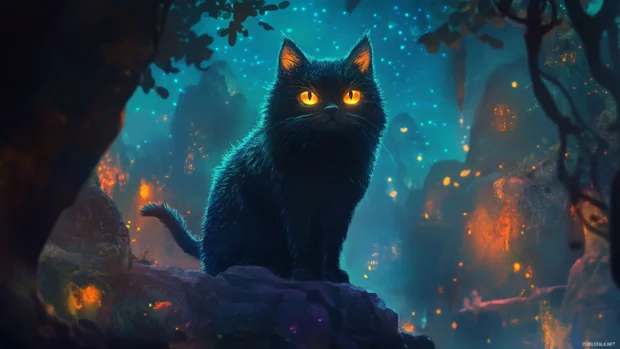 Illustrated magical cat with glowing eyes in a fantasy world.