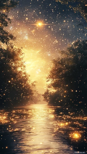 Illustrated riverbanks basking in soft golden star light, reflecting the charm of glowing gold cosmic sky.