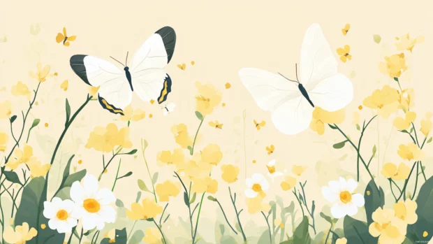 In Summertime gardens butterflies flutter over soft yellow blossoms.