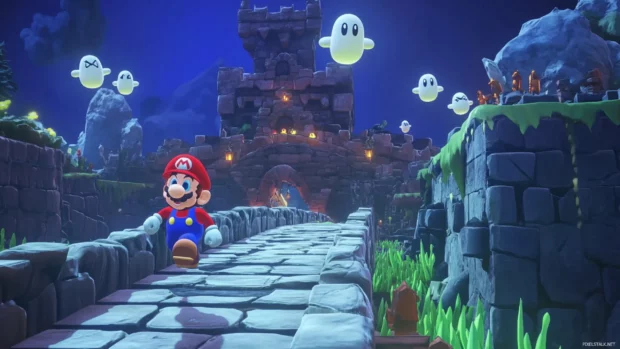 In Super Mario World, Mario crosses a haunted bridge with Boo ghosts flying overhead.