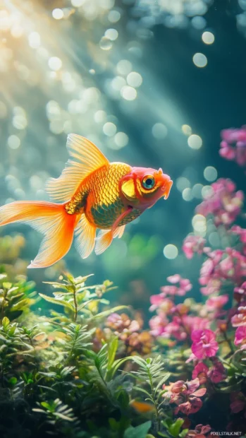 In a beautiful aquarium filled with aquatic plants, vibrant colors, and shimmering scales, an elegant goldfish graces a peaceful underwater scene with clear water and soft lighting.
