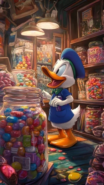 In a candy store, Donald Duck looks amazed by giant jars of sweets.
