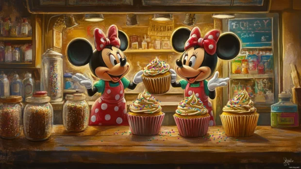 In a charming bakery, Mickey and Minnie Mouse bake cupcakes with sprinkles.