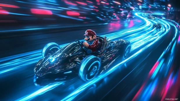 In a chrome plated kart, Mario races on a glowing track with blue speed trails behind him.