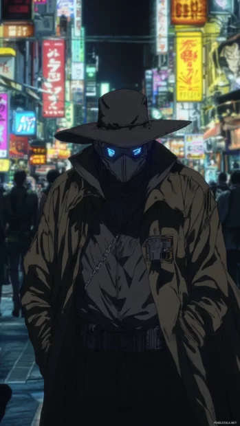 In a crowded anime cyberpunk street, the Anime Bounty Hunter moves silently through the shadows.