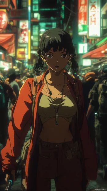 In a crowded anime cyberpunk street, the Anime Street Oracle moves silently through the shadows.