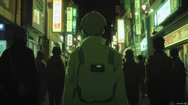 In a crowded anime cyberpunk street, the Cyberpunk Technician moves silently through the shadows.