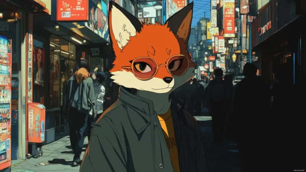 In a crowded anime cyberpunk street, the Digital Fox Spirit moves silently through the shadows.