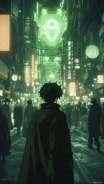 In a crowded anime cyberpunk street, the Electric Prophet moves silently through the shadows.