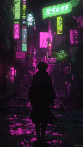 In a crowded anime cyberpunk street, the Neon Ronin moves silently through the shadows.