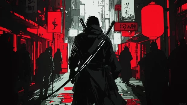In a crowded anime cyberpunk street, the Neon Samurai moves silently through the shadows.