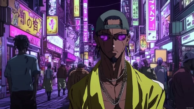 In a crowded anime cyberpunk street, the Neon Street Monk moves silently through the shadows.