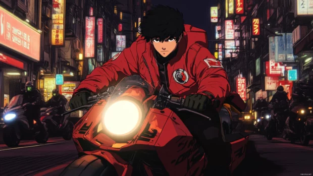 In a crowded anime cyberpunk street, the Skyline Drifter moves silently through the shadows.