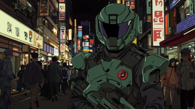 In a crowded anime cyberpunk street, the Synthwave Soldier moves silently through the shadows.