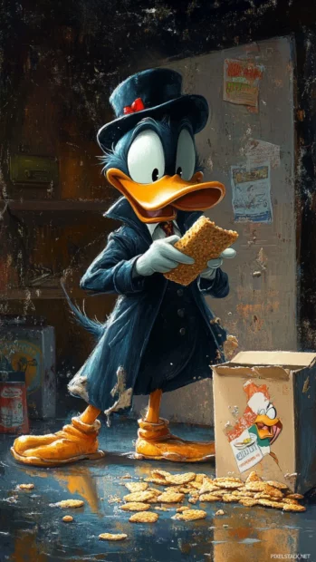 In a detective coat, Daffy Duck investigates a spilled cereal box like a crime scene.
