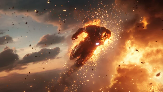 In a dramatic moment, Iron Man Battle Damaged as he launches into the sky with sparks raining down.