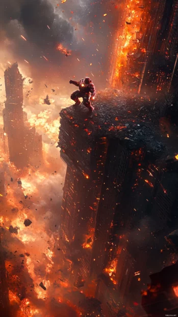 In a dramatic moment, Iron Man on Cliff as he dashes through glowing debris at the edge of a broken city.