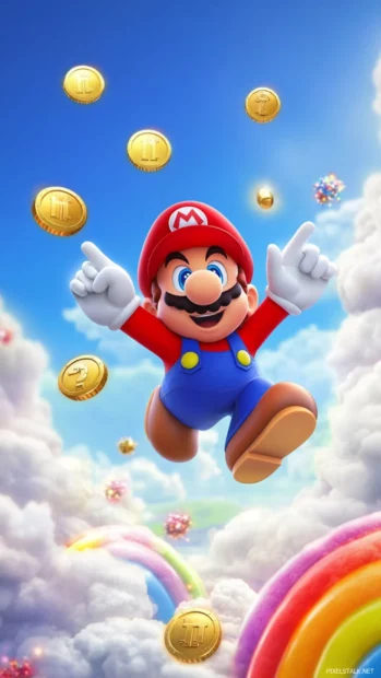 In a dreamy bonus stage, Super Mario leaps between rainbow clouds and sparkly coins.