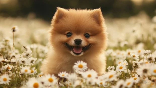 In a field of daisies, a smiling cute puppy delivers the ultimate background for your desktop wallpaper needs.