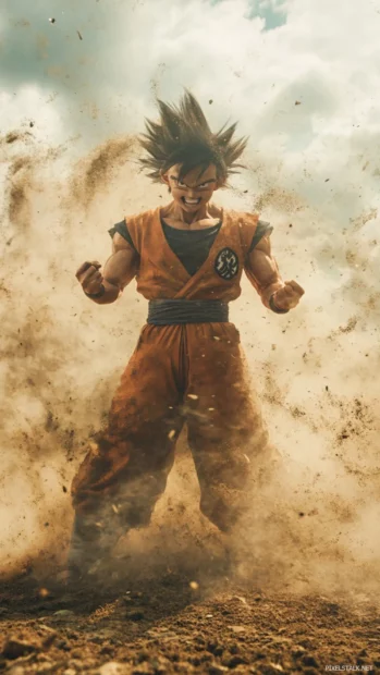 In a field of dust, Goku strikes a relaxed fighting stance while smiling calmly.
