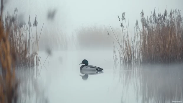 In a foggy marsh, a duck quietly floats near tall reeds and cattails.