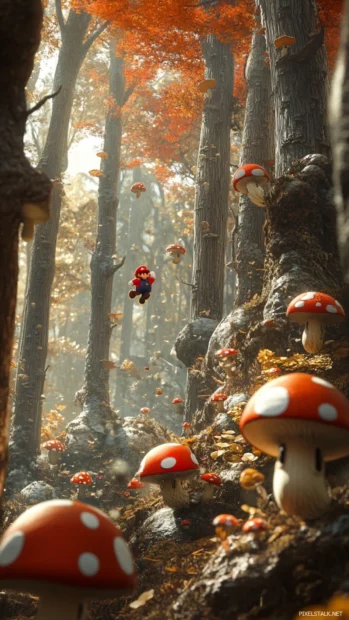 In a forest of bouncing mushrooms, Super Mario dodges Goombas and jumps from branch to branch.