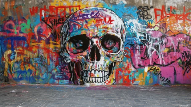 In a graffiti alley, a surreal skull bursts from vibrant wall art in this skull graffiti wallpaper.