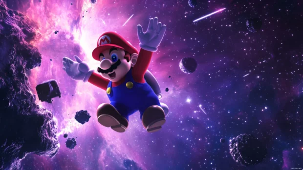 In a high definition Mario Galaxy Wallpaper, Mario floats above a purple nebula with comets streaking by.