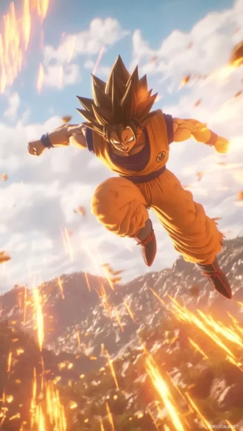 In a high speed dash, Goku blurs through the sky with trails of gold.