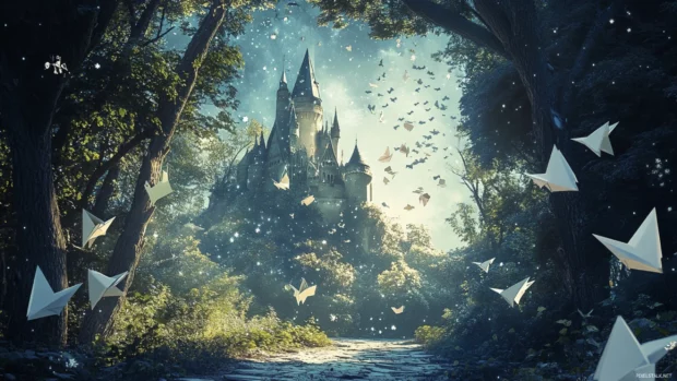 In a magical forest, an adventurous Starry Castle flies among paper planes.
