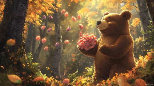 In a magical forest, the Friendly Bear gathers candy leaves.