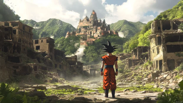 In a moment of silence, Goku walks through a ruined village with purpose in his eyes.