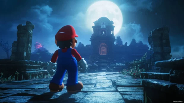 In a moonlit level, shadows dance behind the Mario Bros as they pass through ancient ruins.